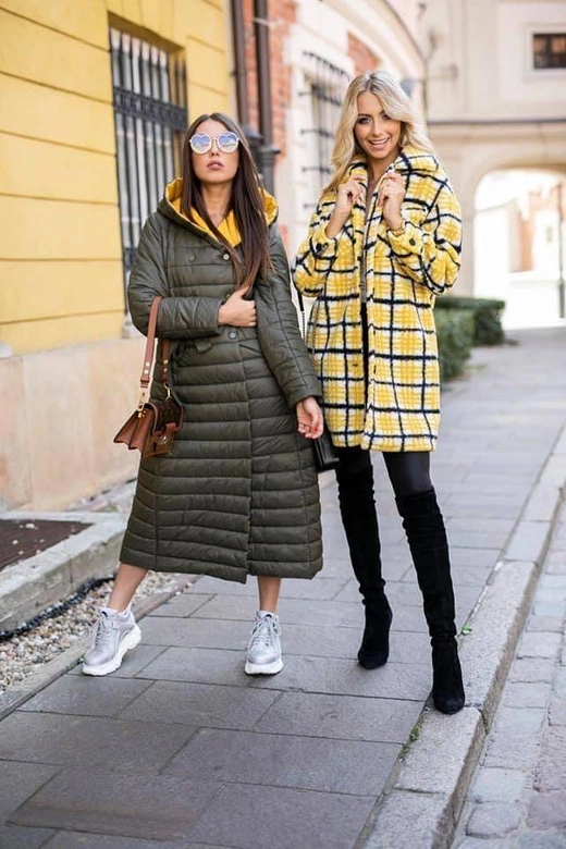 PLUSZOWY DAMSKI PŁASZCZ W KRATĘ ŻÓŁTY (002)