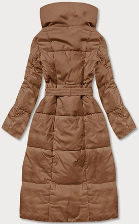 Zimowy płaszcz damski z paskiem ciemny beż (2M-061)