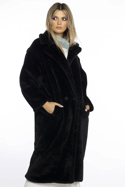 Pluszowy płaszcz damski oversize Ann Gissy czarny (AG1-J9172)