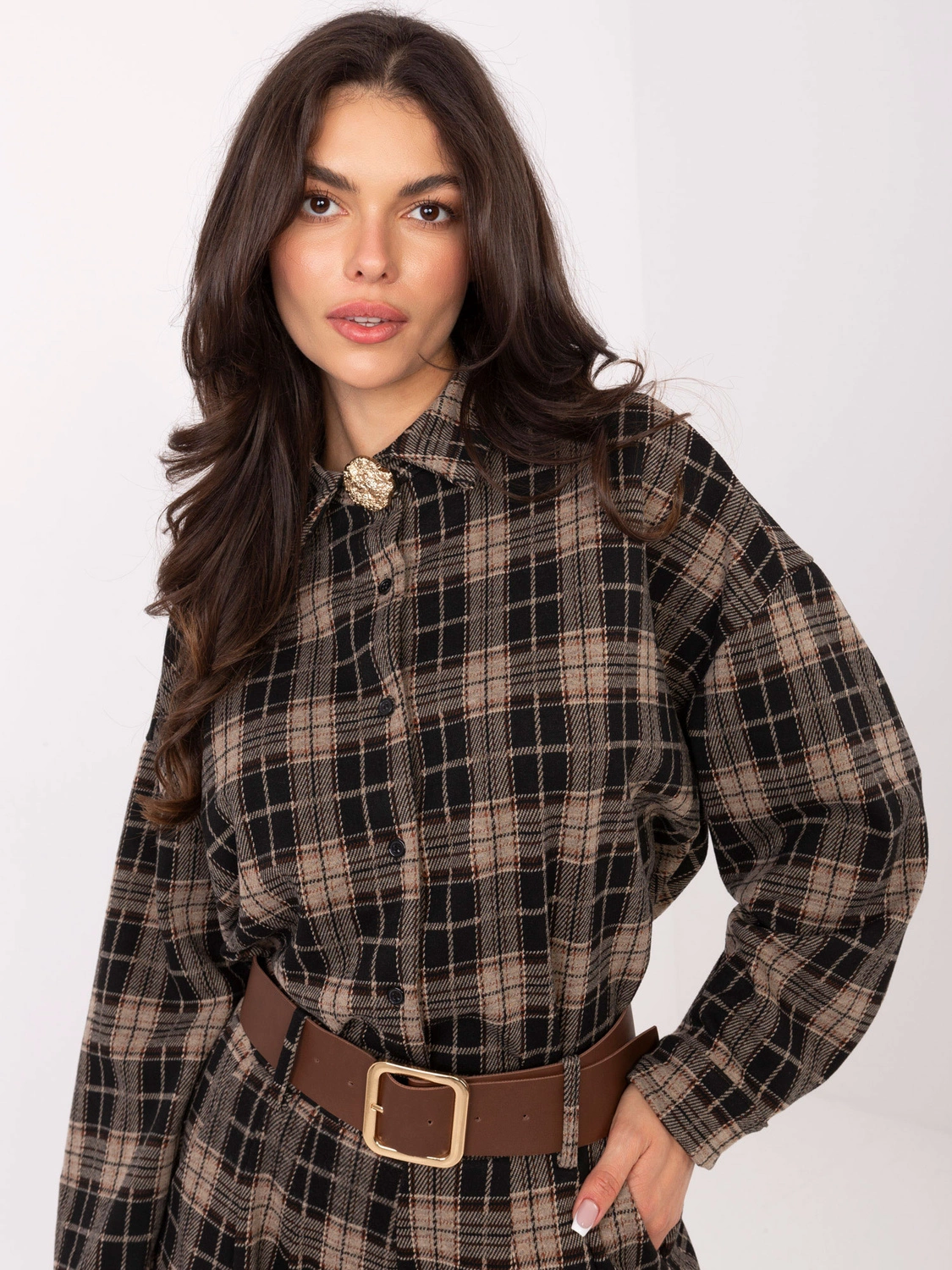 Flanelowa koszula damska w kratę ciemny beżowy (21638)