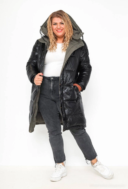 Gruba dwustronna kurtka zimowa damska czarny-khaki (V767)