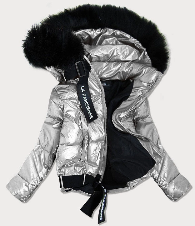 DAMSKA BŁYSZCZĄCA KURTKA Z KAPTUREM SREBRNA (8297)