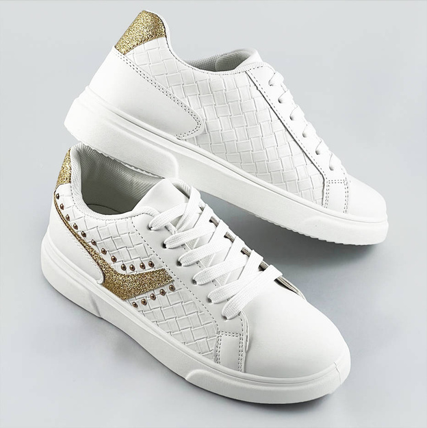 Sznurowane sneakersy damskie biało-złote (rc-03)