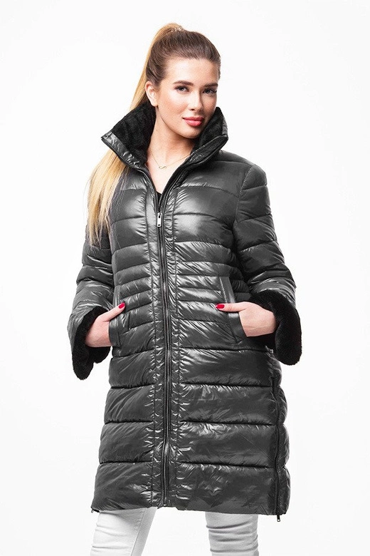 DŁUŻSZA DAMSKA PIKOWANA KURTKA ZIMOWA SZARA (J19-017)