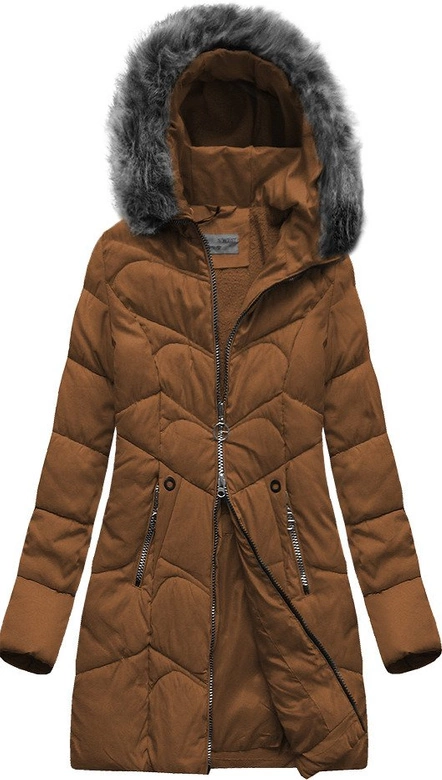 DŁUŻSZA PIKOWANA DAMSKA KURTKA ZIMOWA Z KAPTUREM BRĄZOWA (B2643)