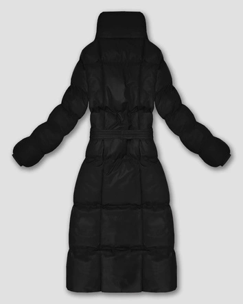 Długa zimowa kurtka damska z paskiem czarna (5M3327-392)