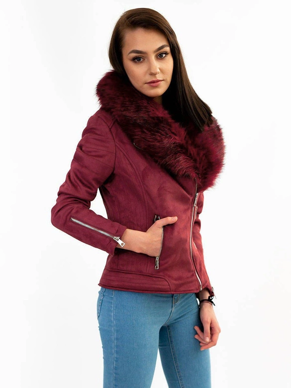 Zamszowa ramoneska damska z futerkiem bordowa (6502)