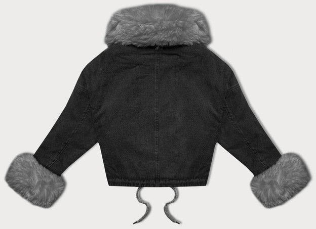 Krótka damska kurtka jeansowa na futrzanej podszewce J Style wytarty czarny/szary (11Z8219)