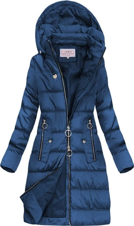 PIKOWANA KURTKA DAMSKA ZIMOWA Z KAPTUREM CIEMNONIEBIESKA (W701)