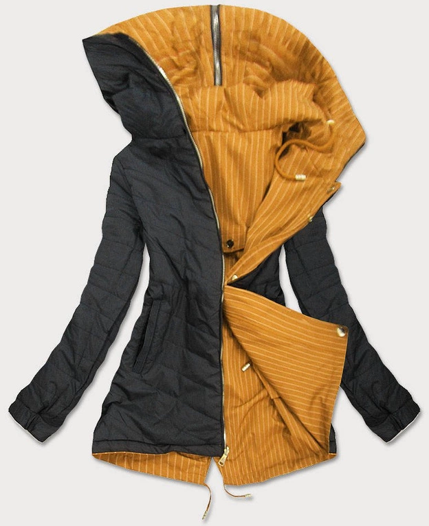 DWUSTRONNA KURTKA Z KAPTUREM W PASKI ŻÓŁTO-CZARNA (W659BIG)