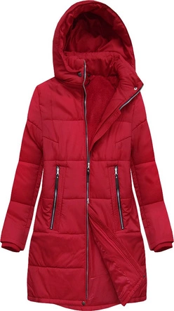 PIKOWANA DAMSKA KURTKA ZIMOWA Z KAPTUREM CZERWONA (B2627)