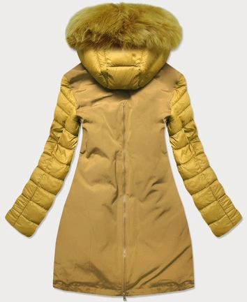 Zimowa kurtka damska z łączonych materiałów żółta (7708)