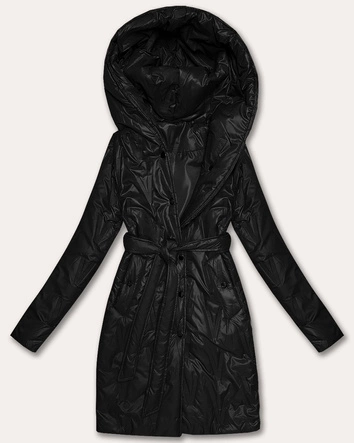 Pikowany płaszcz damski z paskiem S'West czarny (B8508-1)