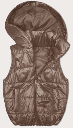 Puchowy bezrękawnik z odpinanym kapturem ciemny beż (B8247-101)