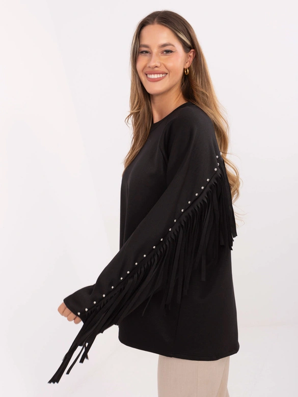 Luźna bluza damska z frędzlami czarna (21695)