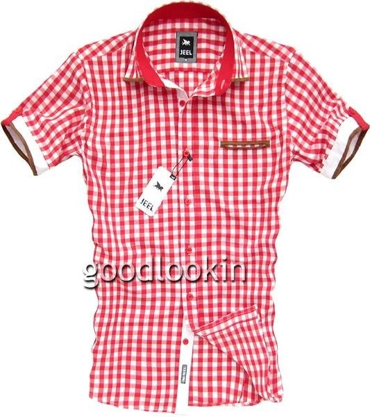 KOSZULA NA KRÓTKI RĘKAW W KRATKĘ JEEL Jeans CZERWONO-BIAŁA (2105)