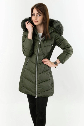 Długa pikowana kurtka damska zimowa khaki (7689)