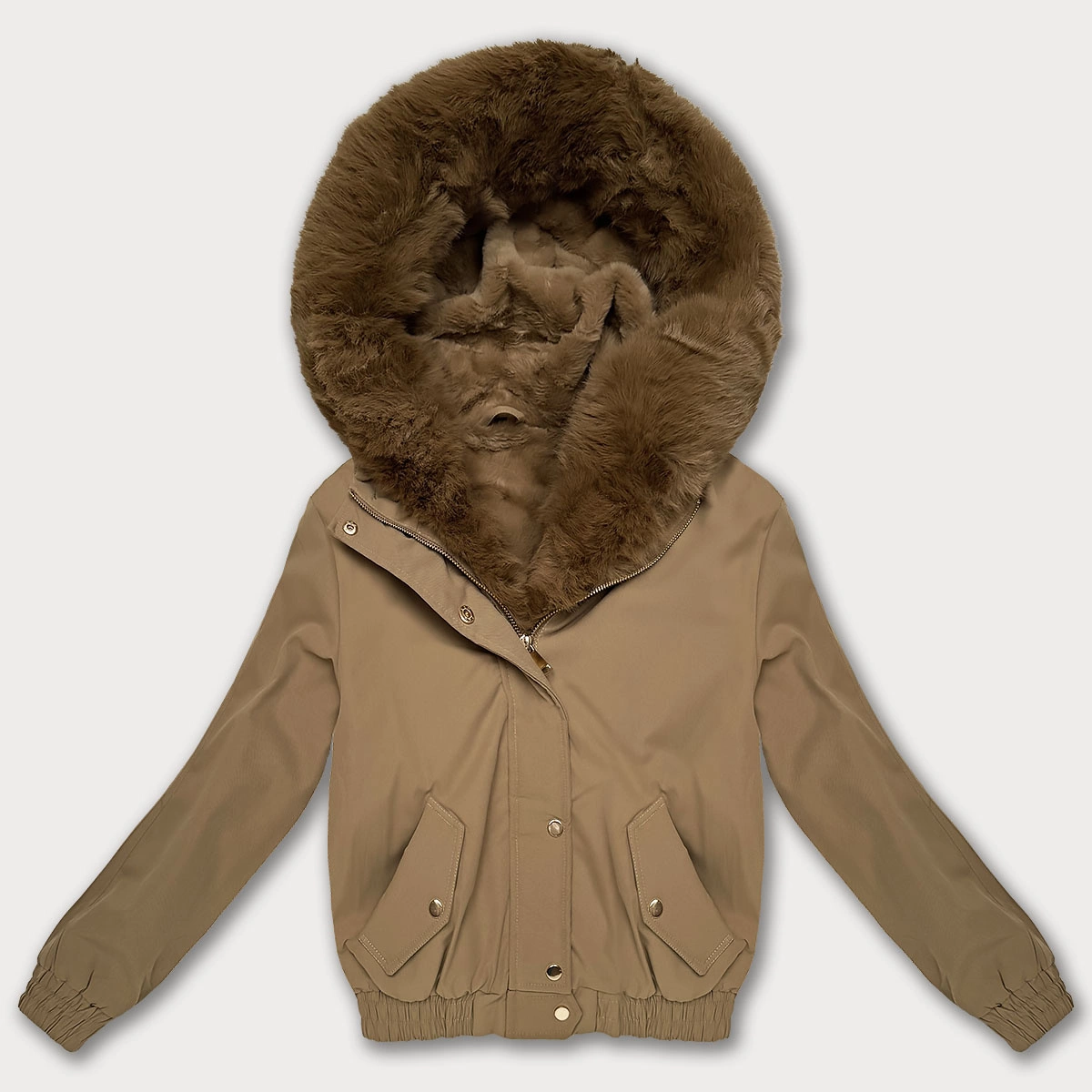 Krótka kurtka z futrzaną podszewką S'West ciemny beżowy (B8506-22)