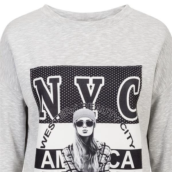 DŁUGA BLUZA Z NADRUKIEM SZARY MELANŻ (GOOD3)