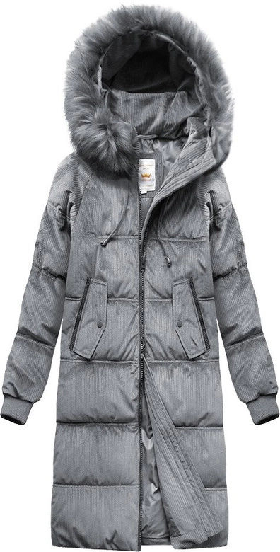 Zimowa sztruksowa kurtka damska z kapturem szara (7763)