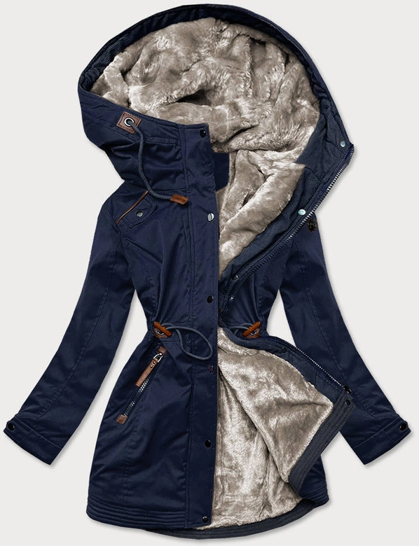 ZIMOWA PARKA DAMSKA Z WSTAWKAMI Z EKOSKÓRY GRANATOWA (M-21A93)