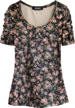 WELUROWA BLUZKA W KWIATY CZARNO-ŁOSOSIOWA (3682/3)