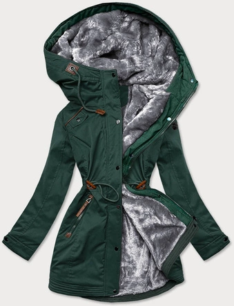 ZIMOWA PARKA DAMSKA Z WSTAWKAMI Z EKOSKÓRY BUTELKOWA ZIELEŃ (M-21A93)