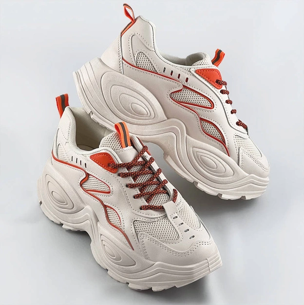 Damskie buty sportowe na grubej podeszwie beżowo-pomarańczowe (ra15)