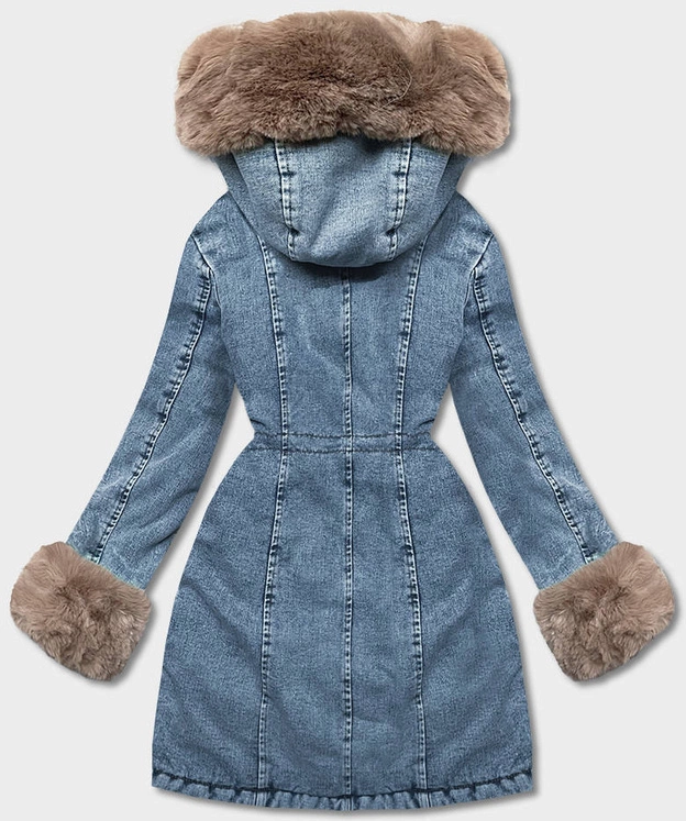 Damska kurtka jeansowa na futrzanej podszewce niebieski/beżowy (B8068-50012)
