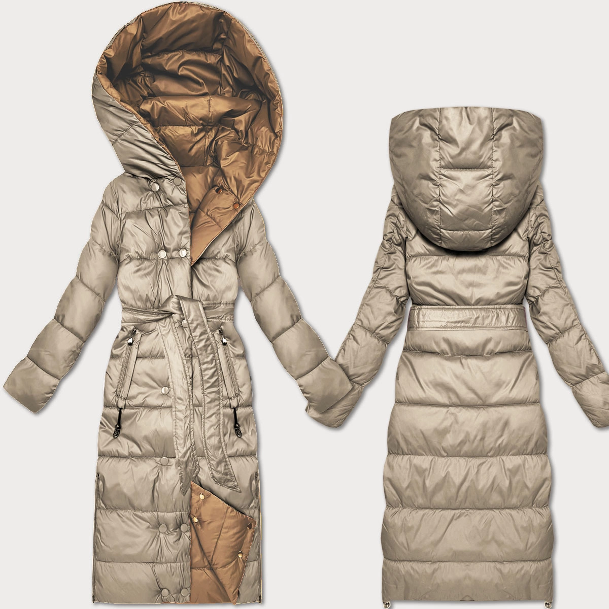 Dwustronna zimowa kurtka z paskiem Minority beż-brąz (M2-6519-62+301)