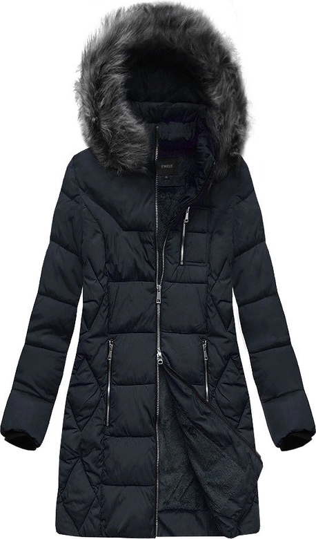 DŁUŻSZA ZIMOWA KURTKA DAMSKA Z KAPTUREM GRANATOWA (B9902)