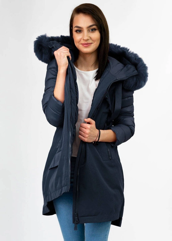 Zimowa kurtka damska z łączonych materiałów granatowa (7708)