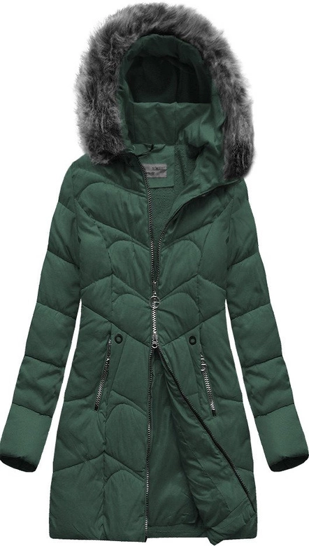 DŁUŻSZA PIKOWANA DAMSKA KURTKA ZIMOWA Z KAPTUREM CIEMNOZIELONA (B2643)