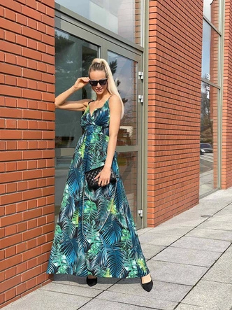 SUKIENKA MAXI NA RAMIĄCZKACH LIŚCIE ZIELONO-NIEBIESKA (21073)