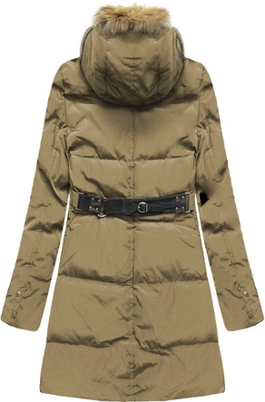 ZIMOWA PIKOWANA KURTKA DAMSKA Z PUCHEM NATURALNYM CIEMNOBEŻOWA (X1296X)