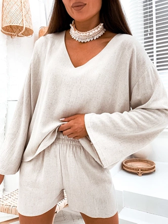 Lniany komplet bluzka oversize i szorty beżowy (752)