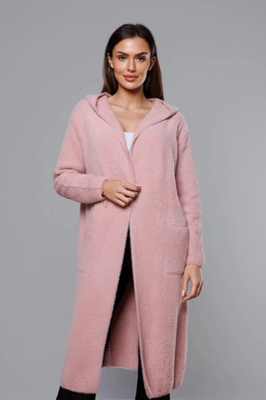Długa wełniana narzutka alpaka z kapturem blady róż (M105-1)