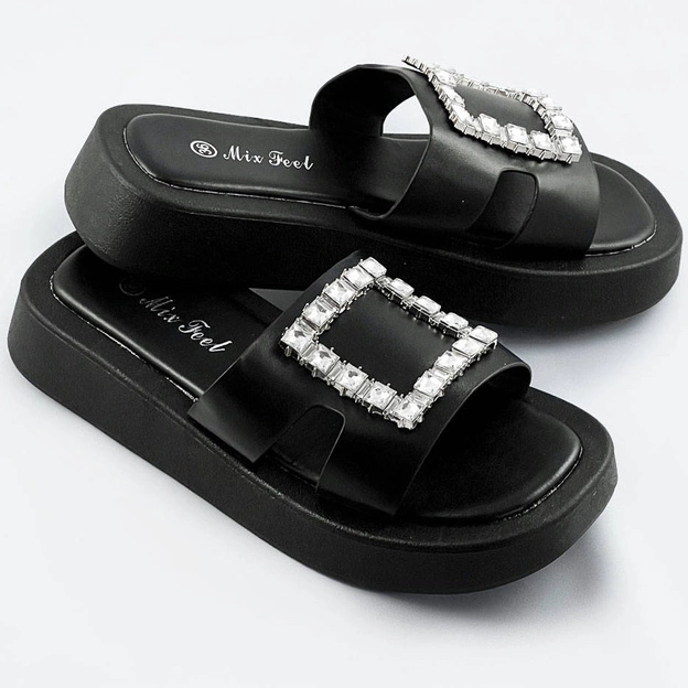 Damskie klapki z cyrkoniami czarne (cm-50)