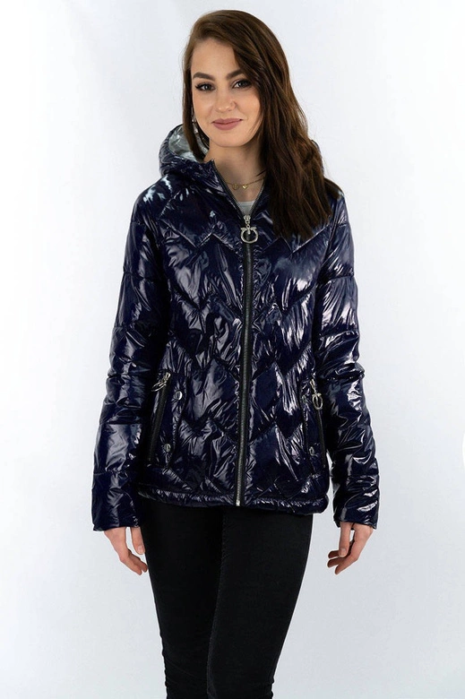Pikowana kurtka damska z kapturem granatowa (r9562)