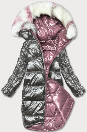 DWUSTRONNA METALICZNA KURTKA ZIMOWA RÓŻOWO-SZARA  (P21-7901-52+61)