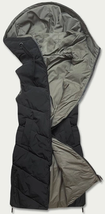 DŁUGA KAMIZELKA DAMSKA DWUSTRONNA CZARNA-KHAKI (B8022-1)