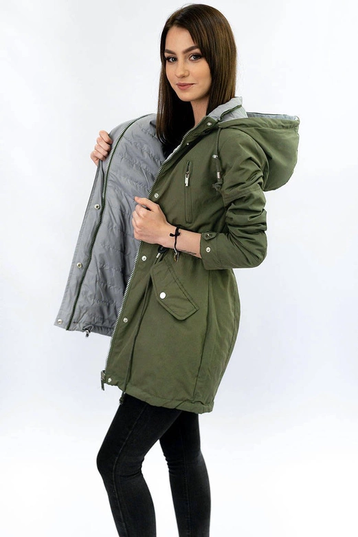 DWUSTRONNA PARKA Z KAPTUREM KHAKI-SZARA (W0232)