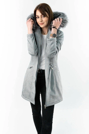 ZAMSZOWA DAMSKA KURTKA ZIMOWA Z KAPTUREM SZARA (6516)