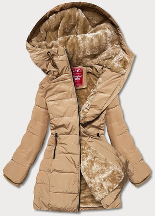 Zimowa kurtka damska z kapturem piaskowa (2M-21003)