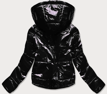 Błyszcząca pikowana kurtka damska z kapturem czarna (b9560)