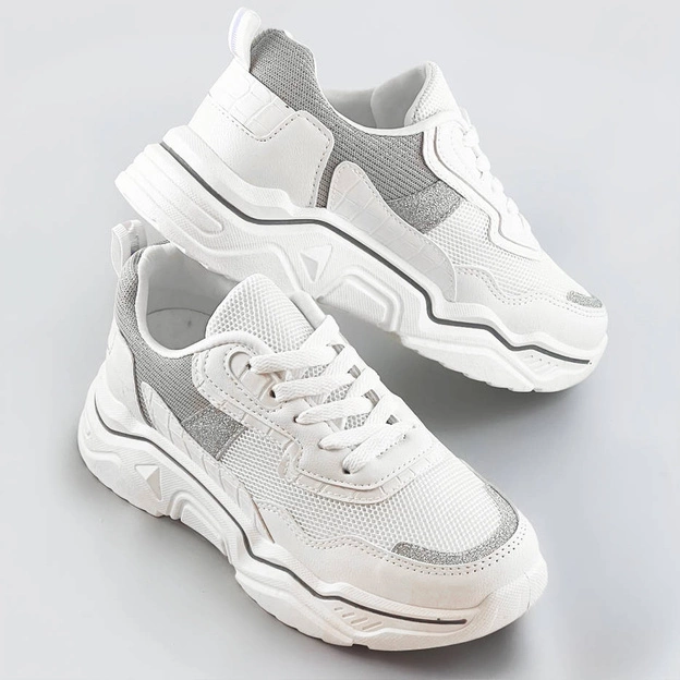 Sneakersy damskie z brokatowymi wstawkami biało-szare (lu-2)