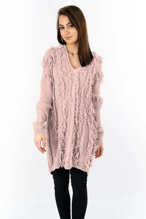 CIEPŁY SWETER Z FRĘDZLAMI PUDROWY RÓŻ (155ART)