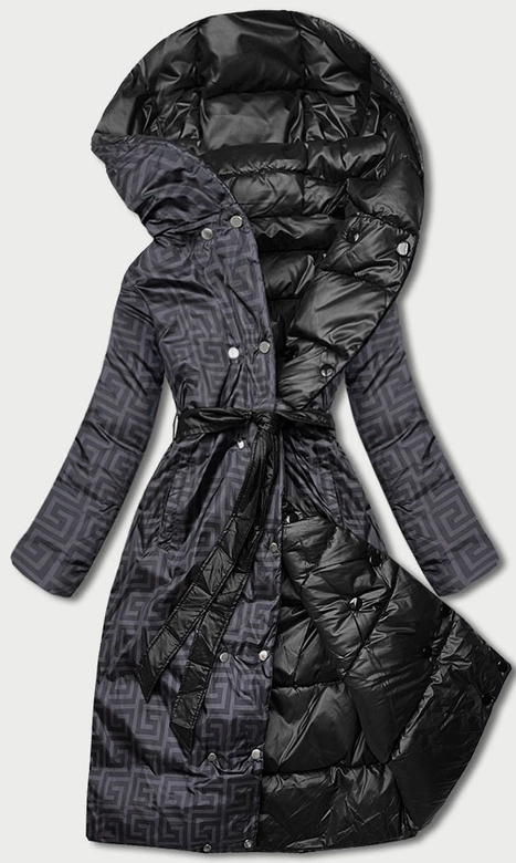 Dwustronna długa kurtka z kapturem czarna/oberżyna (P22-6638-1+1)