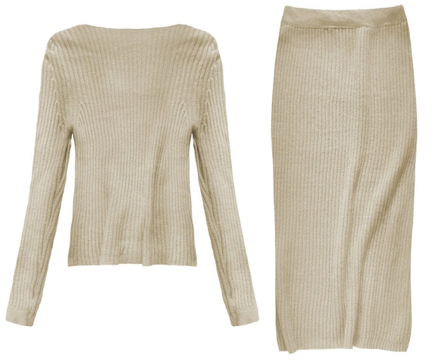 KOMPLET A'LA WEŁNIANY SWETER+SPÓDNICA CIEMNOBEŻOWY (157ART)