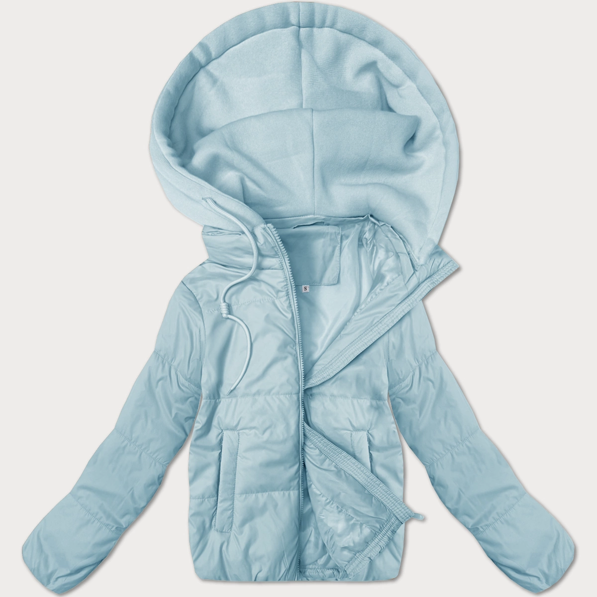 Krótka kurtka damska z dzianinowym kapturem J Style błękitna (16M9236-240)